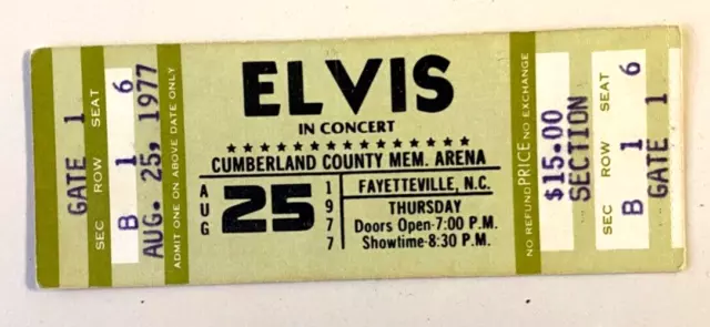 ELVIS PRESLEY Concert Ticket Fayetteville NC Cumberland Arena Aug 25 1977  RARE