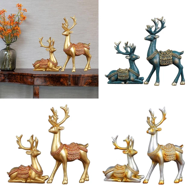2 pièces Chanceux Cerf Statue Décor Renne Résine Figurine Animal Artisanat
