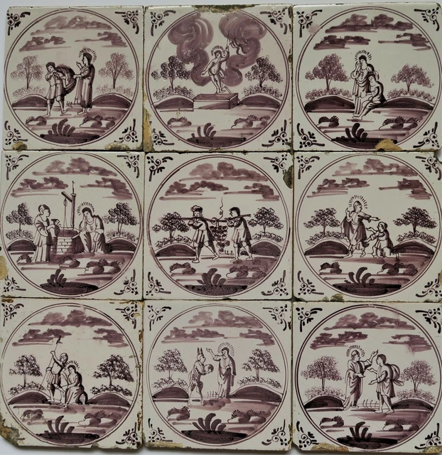 9 Antique Delft Delftware Faience biblical Bible tiles carreau Spies, Devil ....