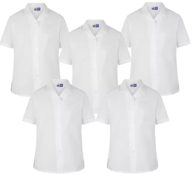 Pack of 5 White Short Sleeve Girls Revere Collar Blouse School Uniform Shirts