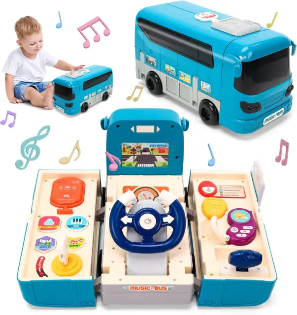 Bus Car Toy, Kids Play Vehicle with Sound and Light, Simulation Steering Wheel,