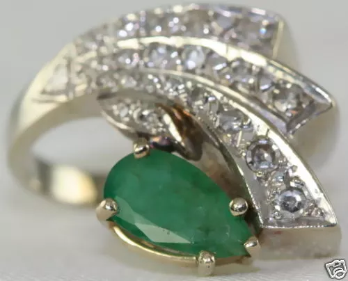 Art Deco Antique 14K White Gold Emerald Diamond Ring