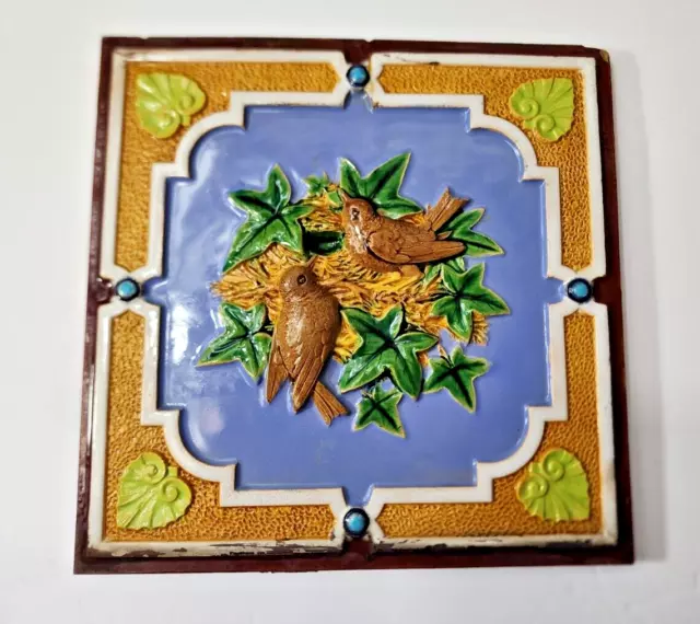 Minton Hollins Co. Majolica Victorian Tile Two Bird and Nest 8 inch