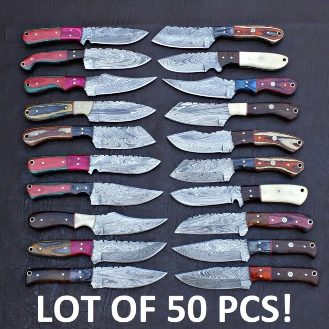 50 Pcs Lot! Custom Handmade Damascus Steel Blade Camping Skinning Hunting Knive