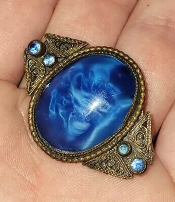 Antique Vintage Victorian Cut and Uncut Lace Agate Brass Brooch Pin Blue Swirl