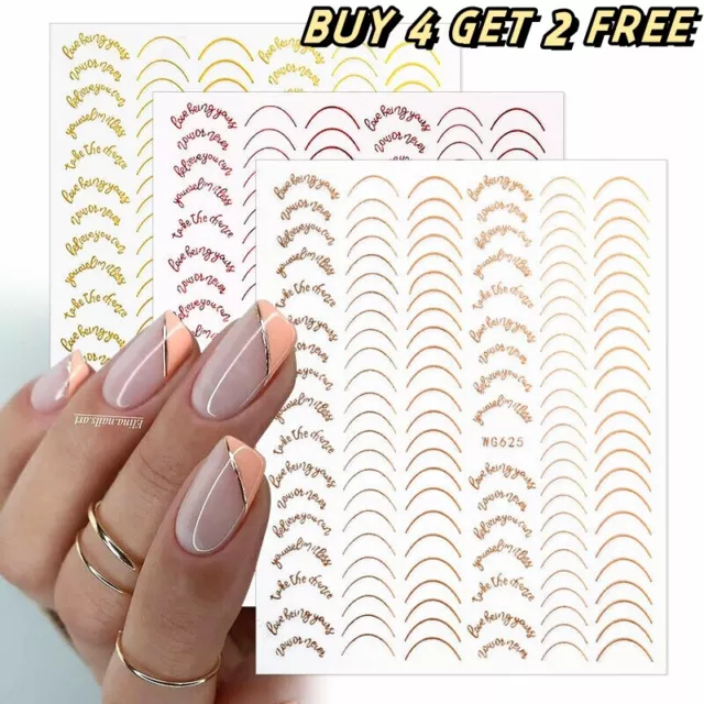 3D Nail Stickers French Gold Silver Line Tips Decals Adhesive Nail Decoration