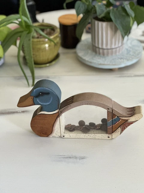 Wooden Mallard Duck Bank Clear Sides Painted Vintage Roughly 13” X 6.5” X 1.5”