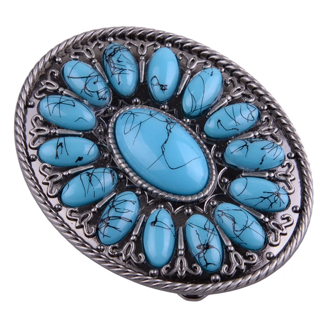 Men Women Vintage Retro Oval Turquoise Beads Leather Belt Buckle Cowboy Nm