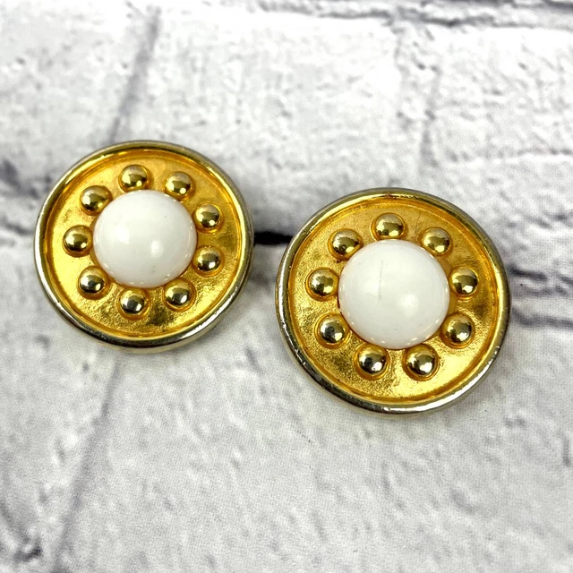 VTG White Cabochon Gold Tone On Earrings Ben Amun Clip on Round Retro