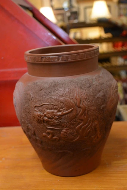 Antique Large Japanese Dragon Ware TOKONAME RED Embossed POTTERY Vase Jar
