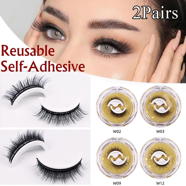 2 pares de pestañas autoadhesivas reutilizables largas gruesas múltiples reversibles sin pegamento