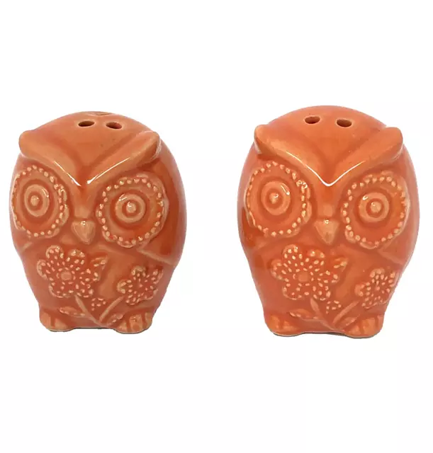 Mini Orange Owl Salt & Pepper Shaker Set, Cute Mini Ceramic Boho Retro Wise Bird