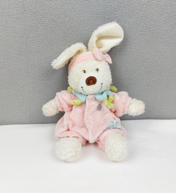 Doudou peluche lapin blanc écru TEX Baby pyjama rose fleur bandeau 25/35 cm TBE