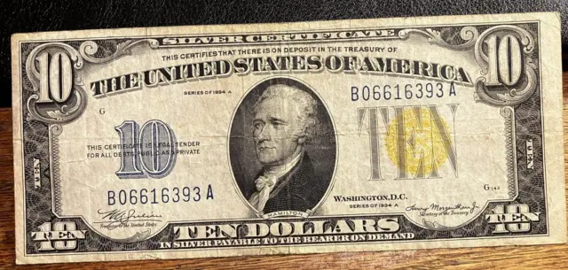 1934-A VF $10 SILVER CERTIFICATE - YELLOW SEAL - N. - AFRICA - Fr. #2309 - MOM