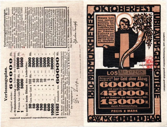 Lotterie-Los München, Oktoberfest Jubiläums-Geld-Lotterie, 1910, 1 Mark