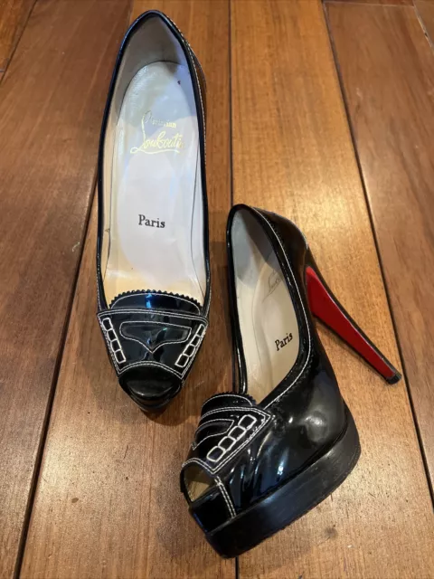 Christian Louboutin Black Patent Leather Peep Toe Platform Pumps Size 36.5