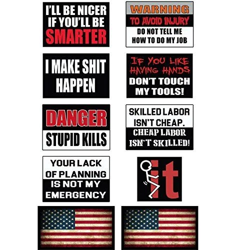 Funny Hard Hat & Helmet Stickers: 2 x 3 inches, Red Black White Blue Orange