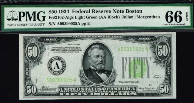 TOP POP NOTE. LGS. LIGHT GREEN SEAL. $50 1934 Boston  FRN. PMG 66 EPQ.