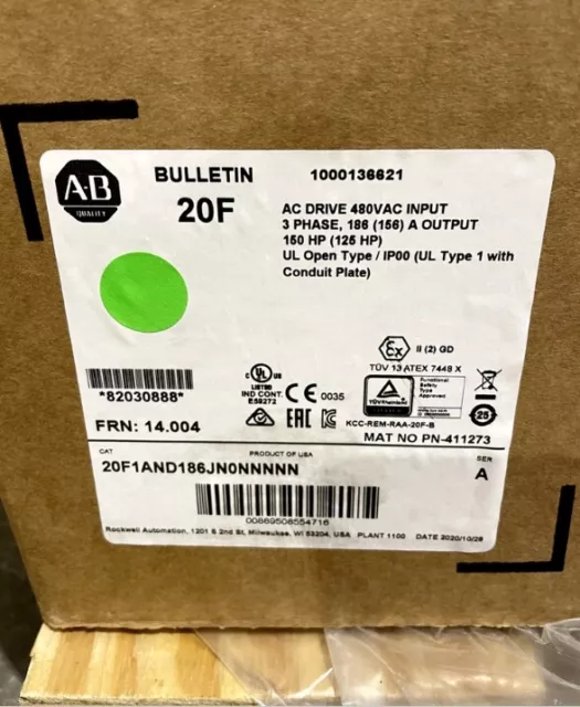 1PC Allen Bradley 20F1AND186JN0NNNNN PowerFlex Air Cooled 753 AC Drive