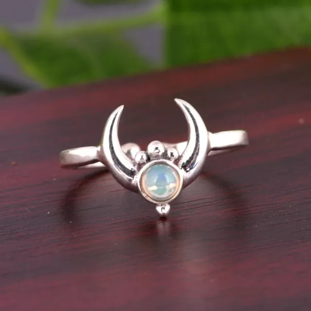 Crescent Moon Ethiopian Opal Ring 925 Sterling Silver Dainty Adjustable Rings