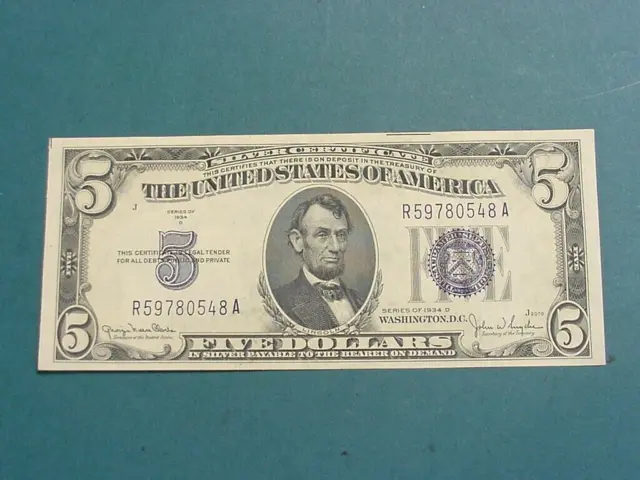 1934 Series Of D $5 Five Dollar Uncirculated Mint Condition Silver Certificate