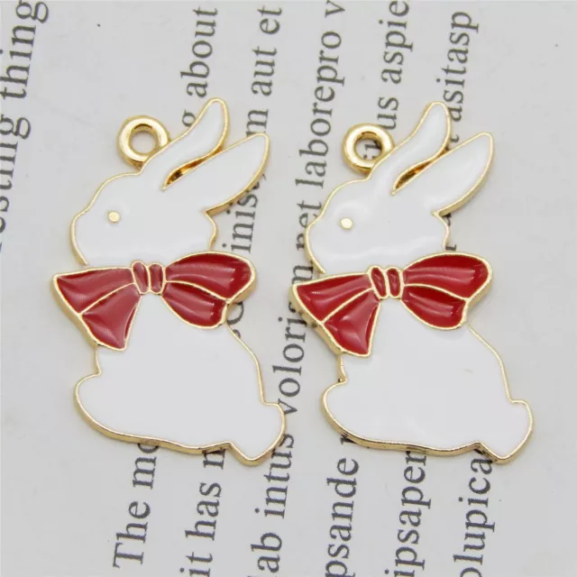10 Stück Metall Gold Emaille Bogen Dekor Süßer Kaninchen Anhänger Charm 33x21mm