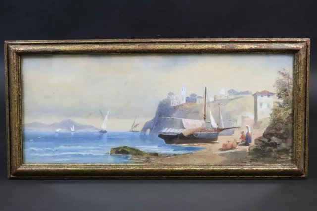 Blick auf die Bucht von Neapel mit Vesuv Aquarell unsigniert um 1860 (CZ178)