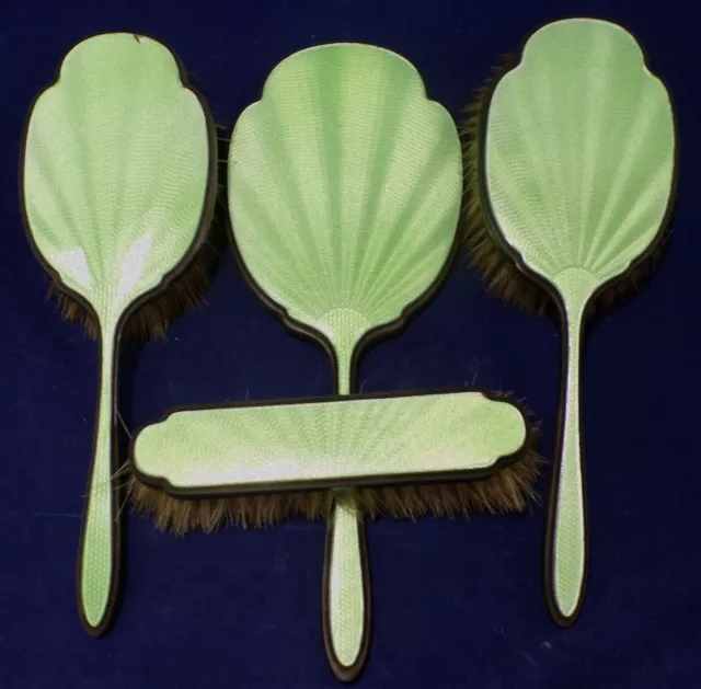 Awesome Sterling Silver Green Enamel Guilloche 4 Piece Dresser Set Brush Mirror 2