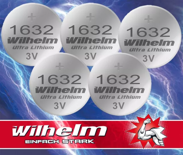 5 x CR1632 WILHELM Lithium Knopfzelle 3V 140 mAh ø16 x 3,2 mm Batterie DL1632