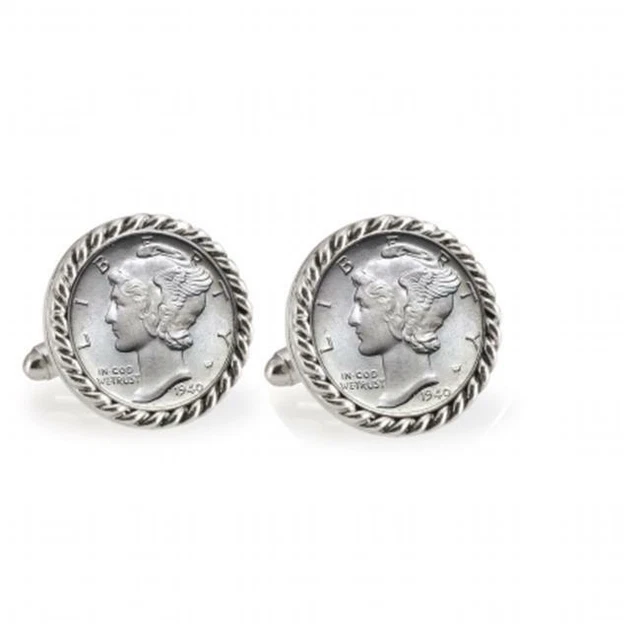 UPM Global LLC 12715 Silver Mercury Dime Silvertone Rope Bezel Cuff Links