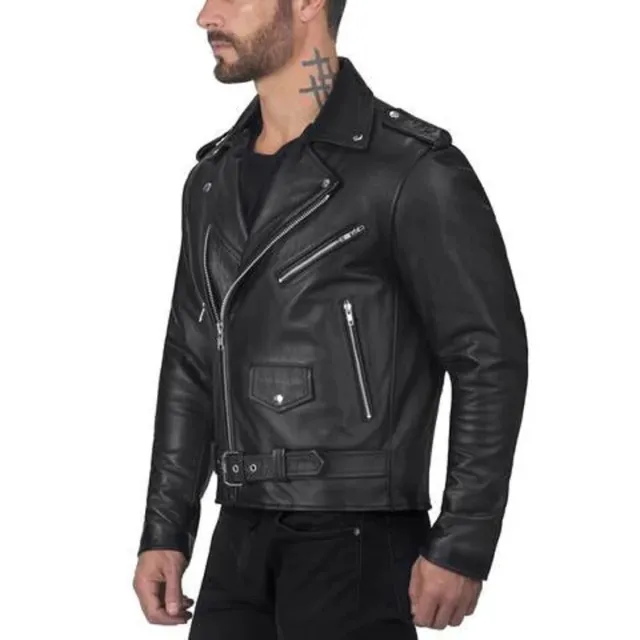 Mens Genuine Cowhide Black Leather Biker Distressed Jacket Motorcycle Jacket