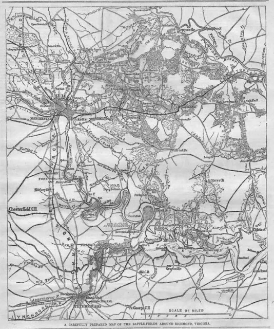 Civil War History 1864 Harper's Weekly Map Of Battle-Fields Around Richmond
