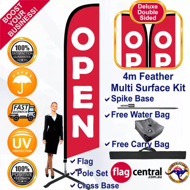 OPEN Deluxe Red 4m Feather Flag/Banner Kit Multi Surface *Cost Effective