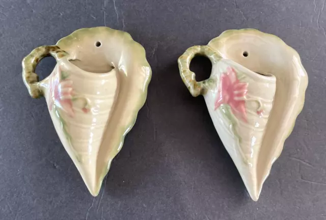 A Pair Of Hull Pottery Wall Pocket Woodland Floral Pink, White and Green 8"