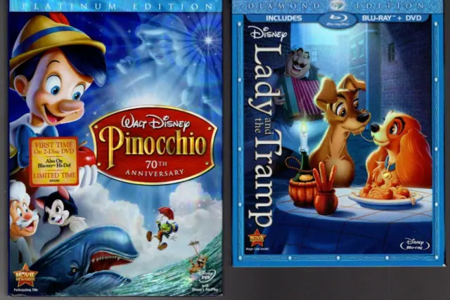 dvd Walt Disney PINOCCHIO + Blu Ray LADY AND THE TRAMP