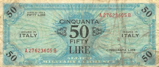 Italy  50  Lire  Series 1943 A  Block  A-B  WWII Issue  Circulated Banknote E27D