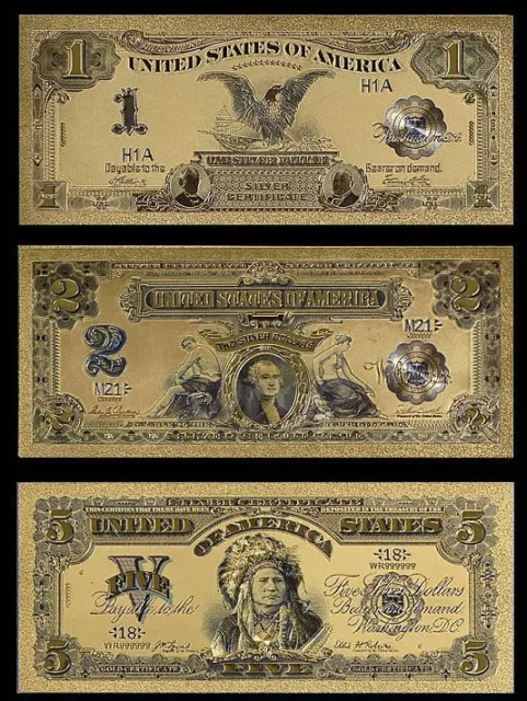 Usa Banknoten Set Von 1899 - 1 / 2 / 5 Dollar - Gold & Farbe Veredelt -Vergoldet