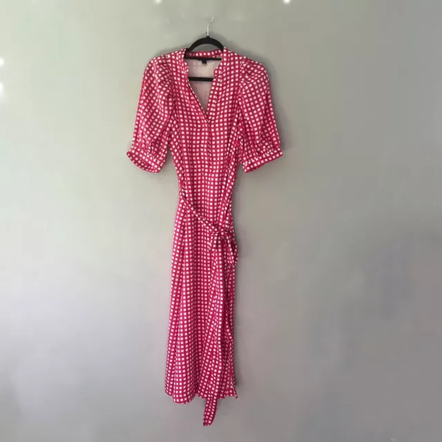 Ann Taylor Pink Gingham Plaid Midi Dress Short Sleeve V Neck Size Small Tall