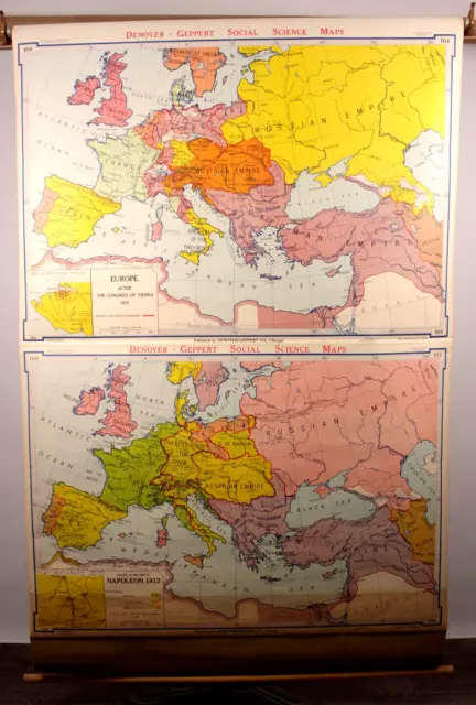Vtg 1967 Denoyer-Geppert Pull Down School Map / Europe 1815 Large Map 44" x 62"