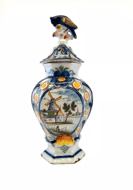 Pot couvert vase potiche faïence Delft oiseau perroquet fleurs XIXè siècle