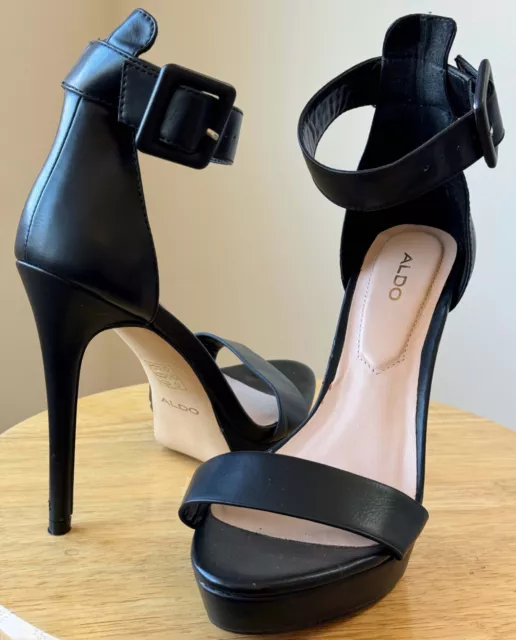 Black Aldo leather open toe strap heels