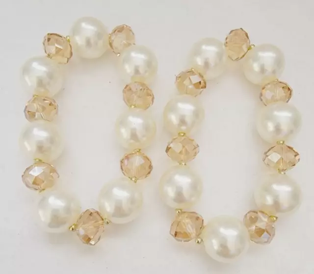 Set of 2 Large Faux Pearls Faceted Crystal Beads Stretch Bracelets 6.5" - 17.7mm