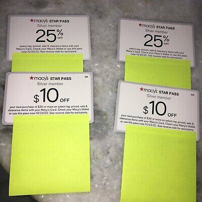 Macy's Star Pass 2- $10 off $30 purchase 2- 25% off Coupons expires 10/23/2022