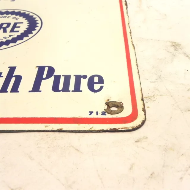 VINTAGE 1948 PURE-PEP OIL "BE SURE WITH PURE" PORCELAIN SIGN 12"x10" USED VTG 3