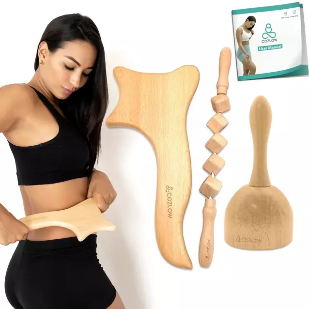 COZLOW 3-in-1 Deluxe Wood Therapy Massage Tools Set | Maderoterapia Kit Wood ...