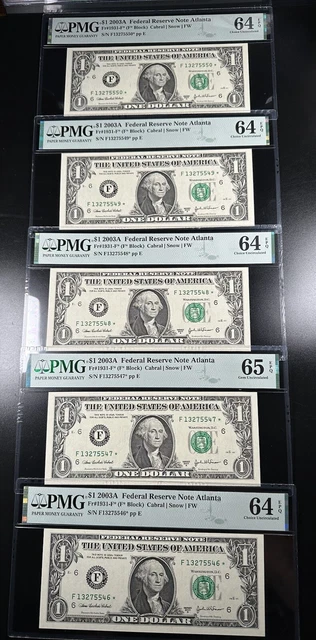 Lot of 5 Consecutive Star Federal Reserve Notes PMG 64 and 65 EPQ fr 1931-F* ATL