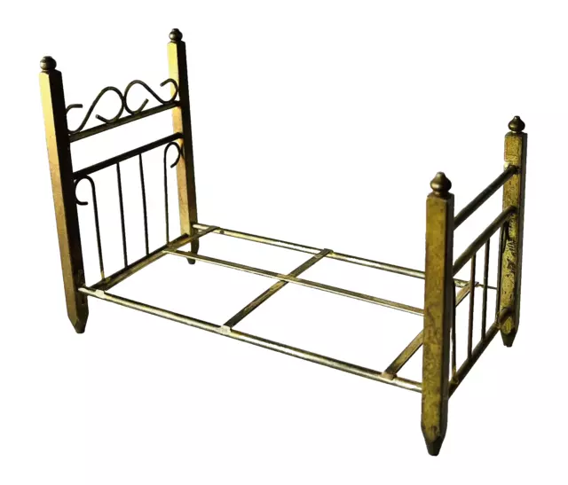 Miniature Dollhouse Sturdy Brass Metal Bed Single Twin 6-1/4" x 3-1/8" x 4-1/2”