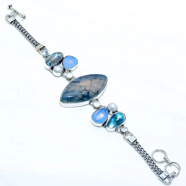 Dragon Vein Agate, Biwa Pearl Gemstone Silver Jewelry Bracelet 7-8" BRJR3433