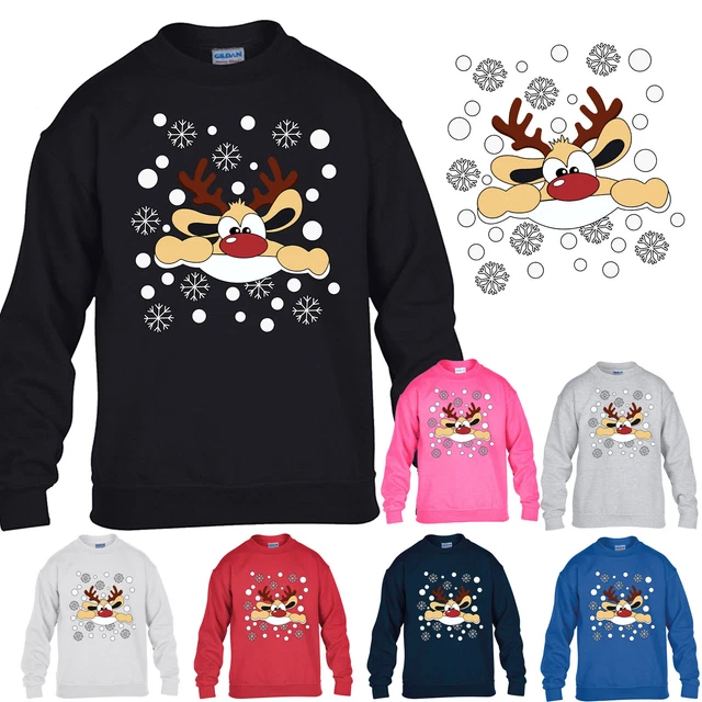 Felpa Natale Bambini Nuovo Ragazzi Ragazze Natale Regalo Renne Rodolfo Maglione Gioventù