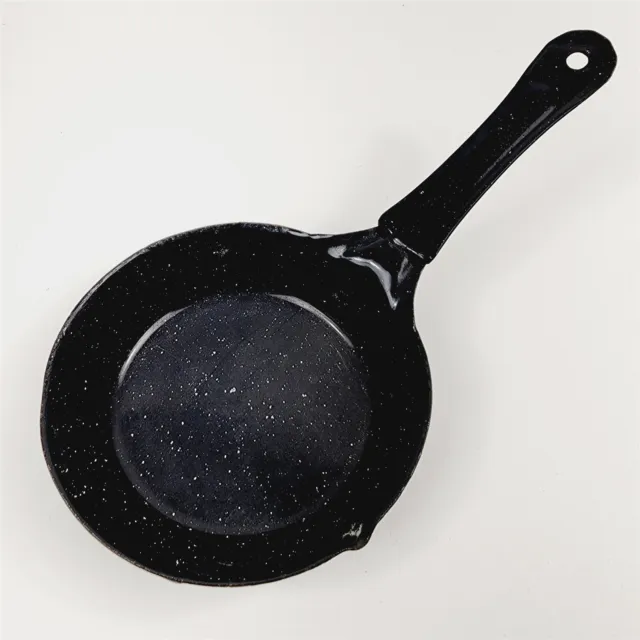 Vintage Black Enamelware Frying Pan w/ White Speckles Camping - 6"